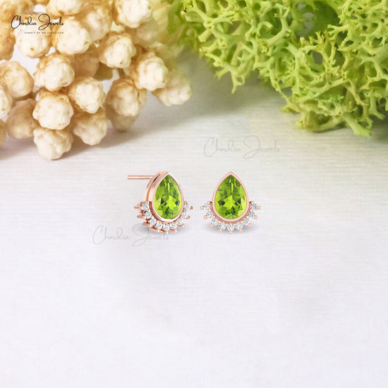 Delicate Pear Dainty Earring In Pure 14k Gold Peridot August Birthstone Diamond Studs