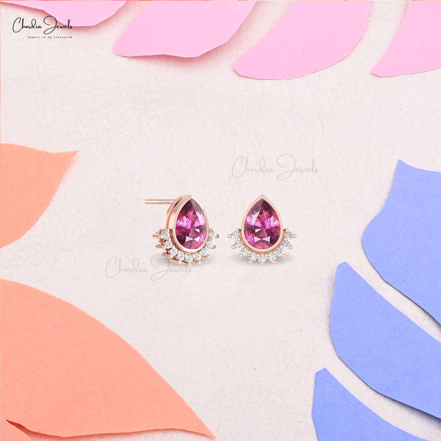 Solid 14k Gold Flare Stud With 1.26 Ct Rhodolite Garnet Diamond Handmade Earrings
