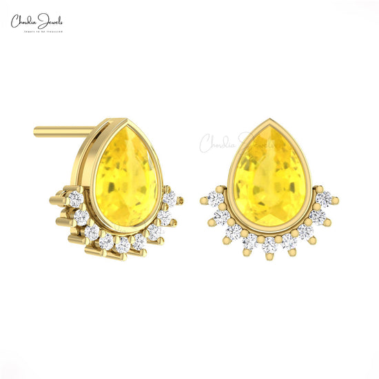 Natural Yellow Sapphire Dainty Earrings In Solid 14k Gold Diamond Flare Women Studs