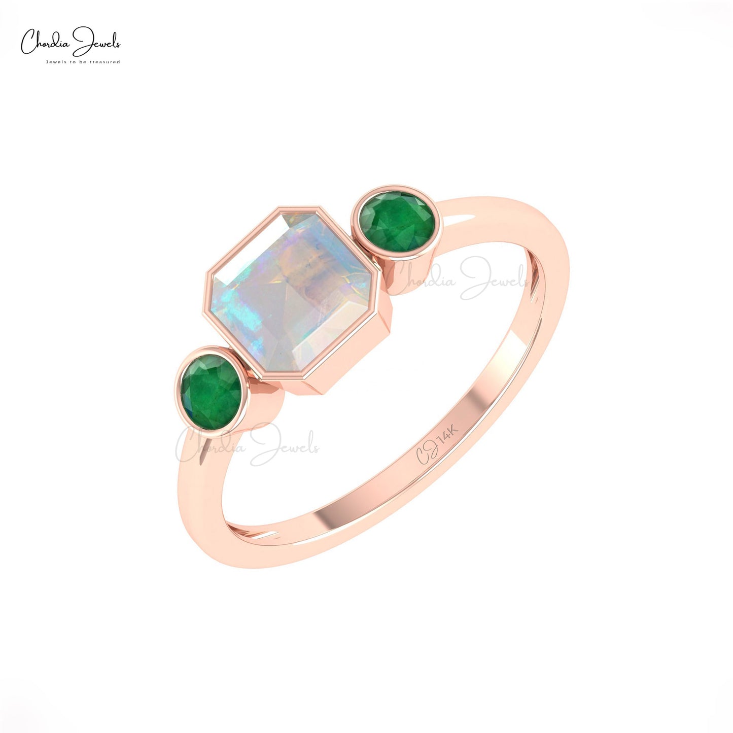 Real 14k Gold 3-Stone Dainty Ring Genuine Ethiopian Opal & Emerald Gemstone Ring For Gift