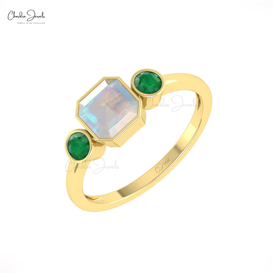 Real 14k Gold 3-Stone Dainty Ring Genuine Ethiopian Opal & Emerald Gemstone Ring For Gift