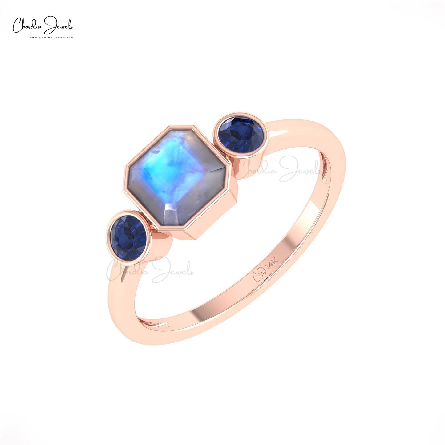 Genuine Rainbow Moonstone Combination Ring 14k Solid Gold Blue Sapphire Promise Ring For Women