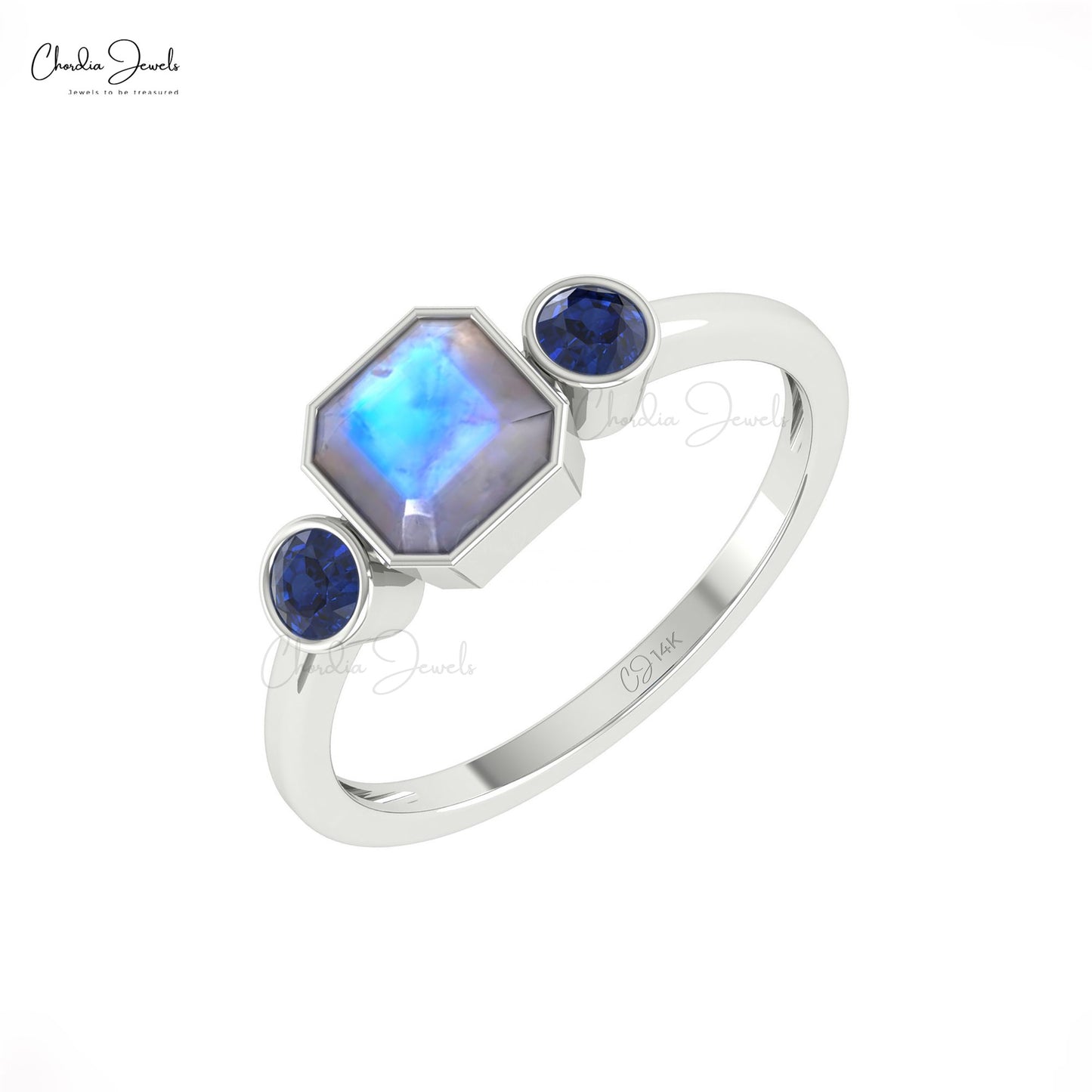 Genuine Rainbow Moonstone Combination Ring 14k Solid Gold Blue Sapphire Promise Ring For Women