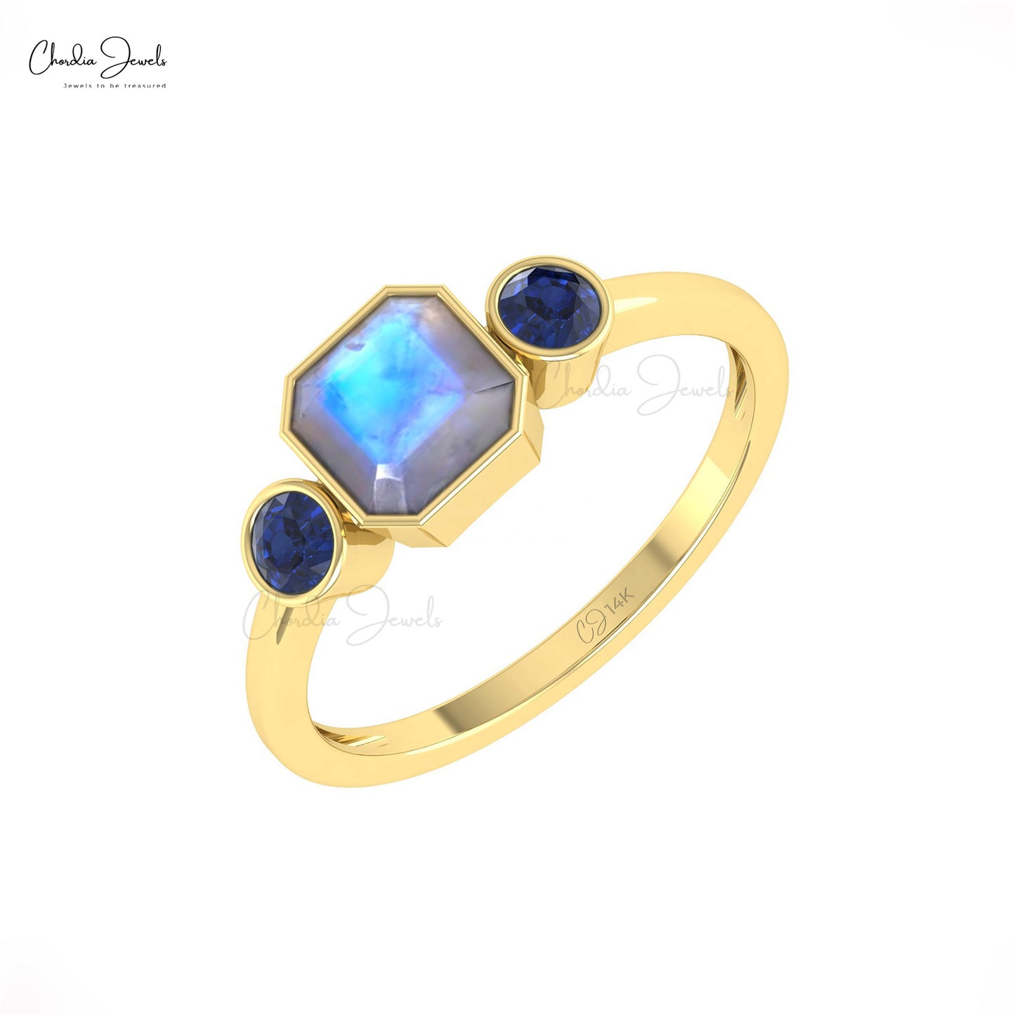 Genuine Rainbow Moonstone Combination Ring 14k Solid Gold Blue Sapphire Promise Ring For Women