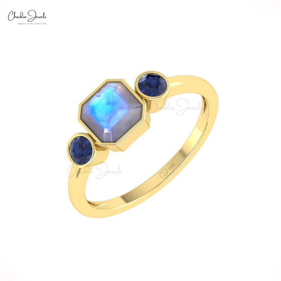 Load image into Gallery viewer, Genuine Rainbow Moonstone Combination Ring 14k Solid Gold Blue Sapphire Promise Ring For Women
