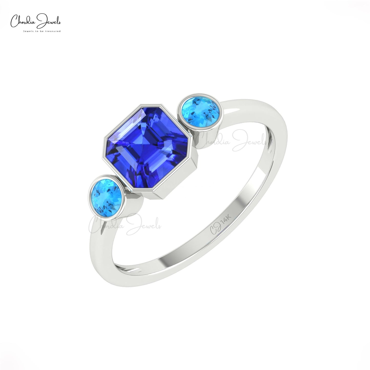 Dazzling 14k Real Gold Three-Stone Ring Natural Tanzanite & Swiss Blue Topaz Combination Ring