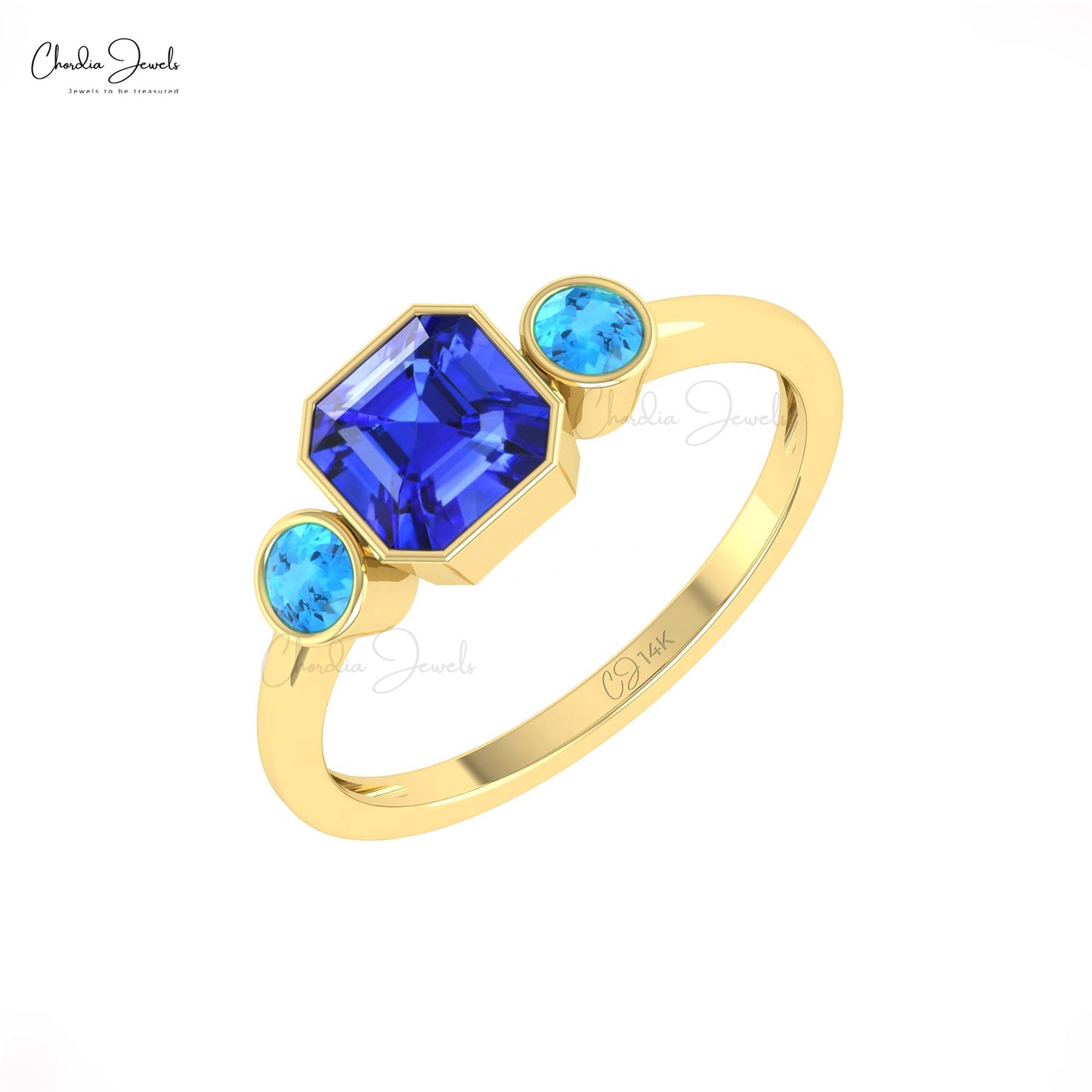 Dazzling 14k Real Gold Three-Stone Ring Natural Tanzanite & Swiss Blue Topaz Combination Ring