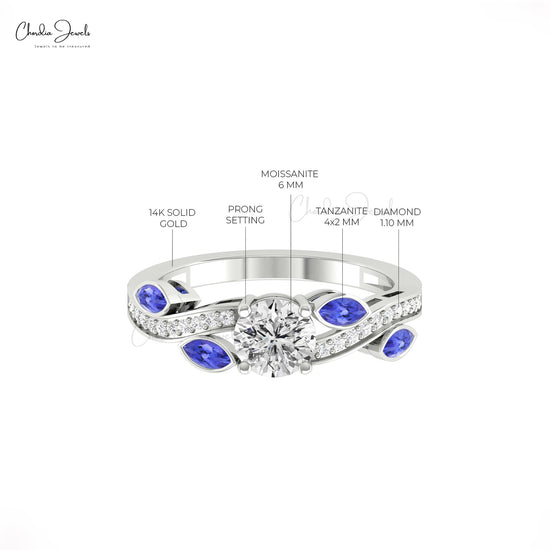 Stunning Moissanite Gemstone Floral Ring 14k Solid Gold Natural Tanzanite & Diamond Accents Ring