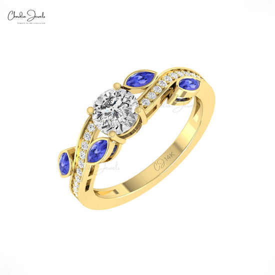 Stunning Moissanite Gemstone Floral Ring 14k Solid Gold Natural Tanzanite & Diamond Accents Ring