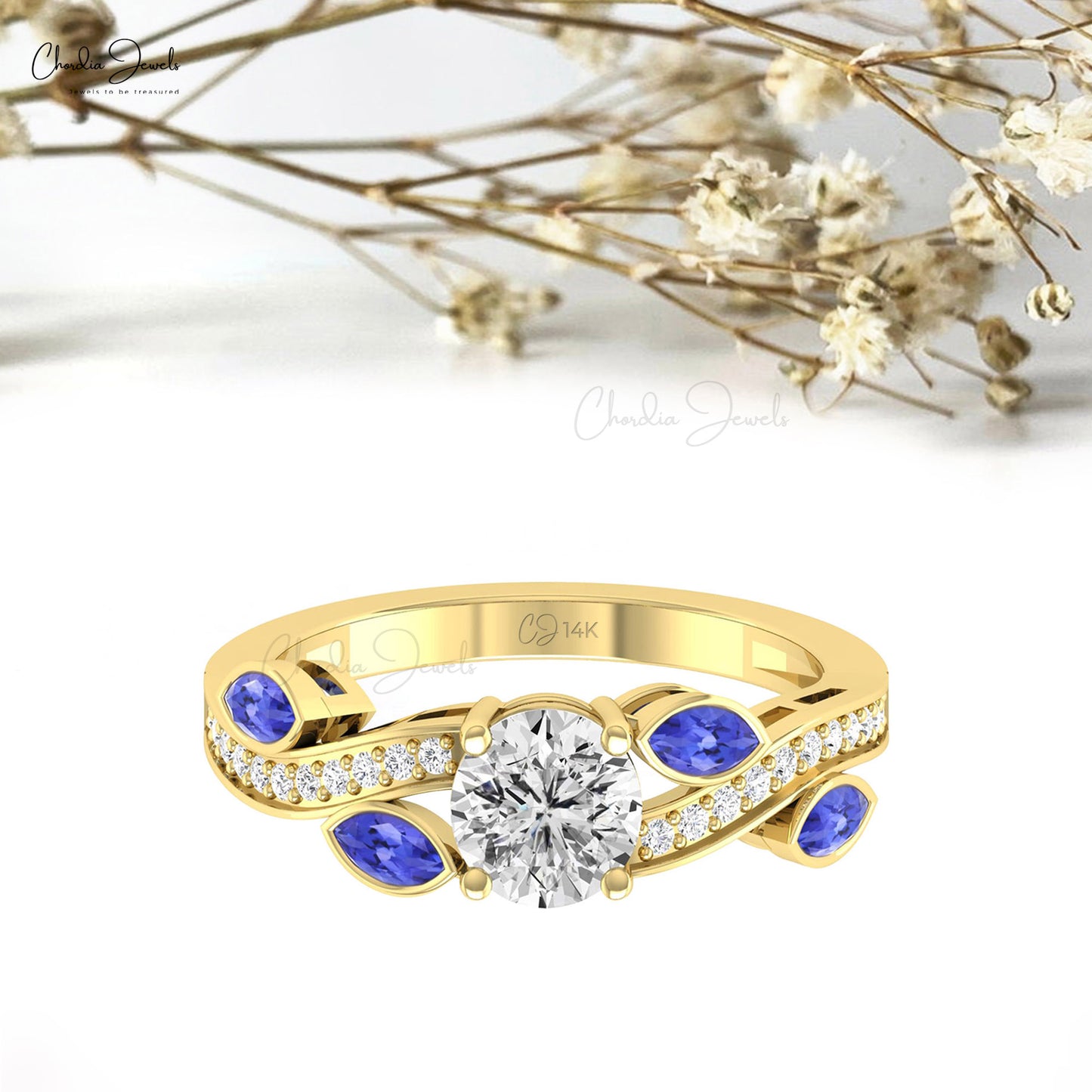 Stunning Moissanite Gemstone Floral Ring 14k Solid Gold Natural Tanzanite & Diamond Accents Ring