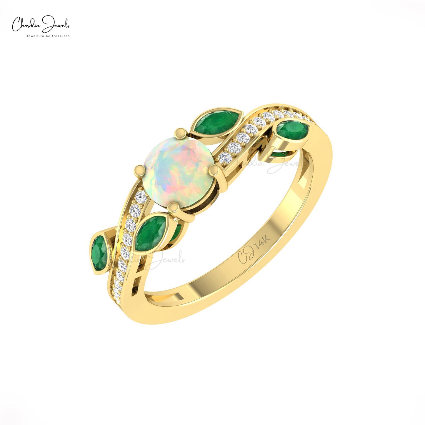 Natural Opal & Emerald Gemstone Engagement Ring 14k Real Gold Diamond Accent Floral Ring