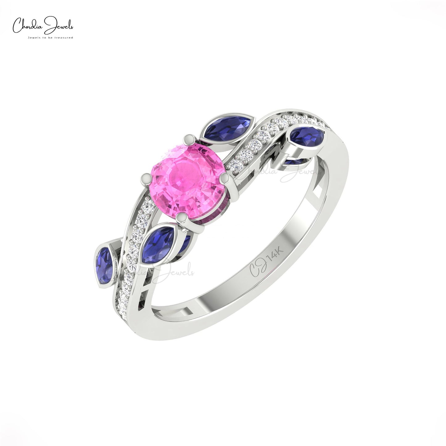 Natural Pink & Blue Sapphire Gemstone Floral Ring 14k Solid Gold Diamond Accent Promise Ring