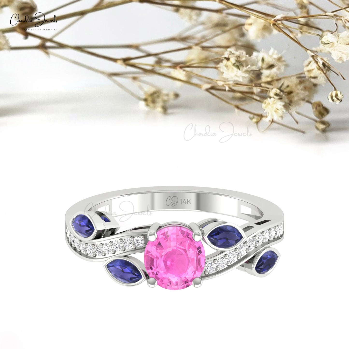 Natural Pink & Blue Sapphire Gemstone Floral Ring 14k Solid Gold Diamond Accent Promise Ring