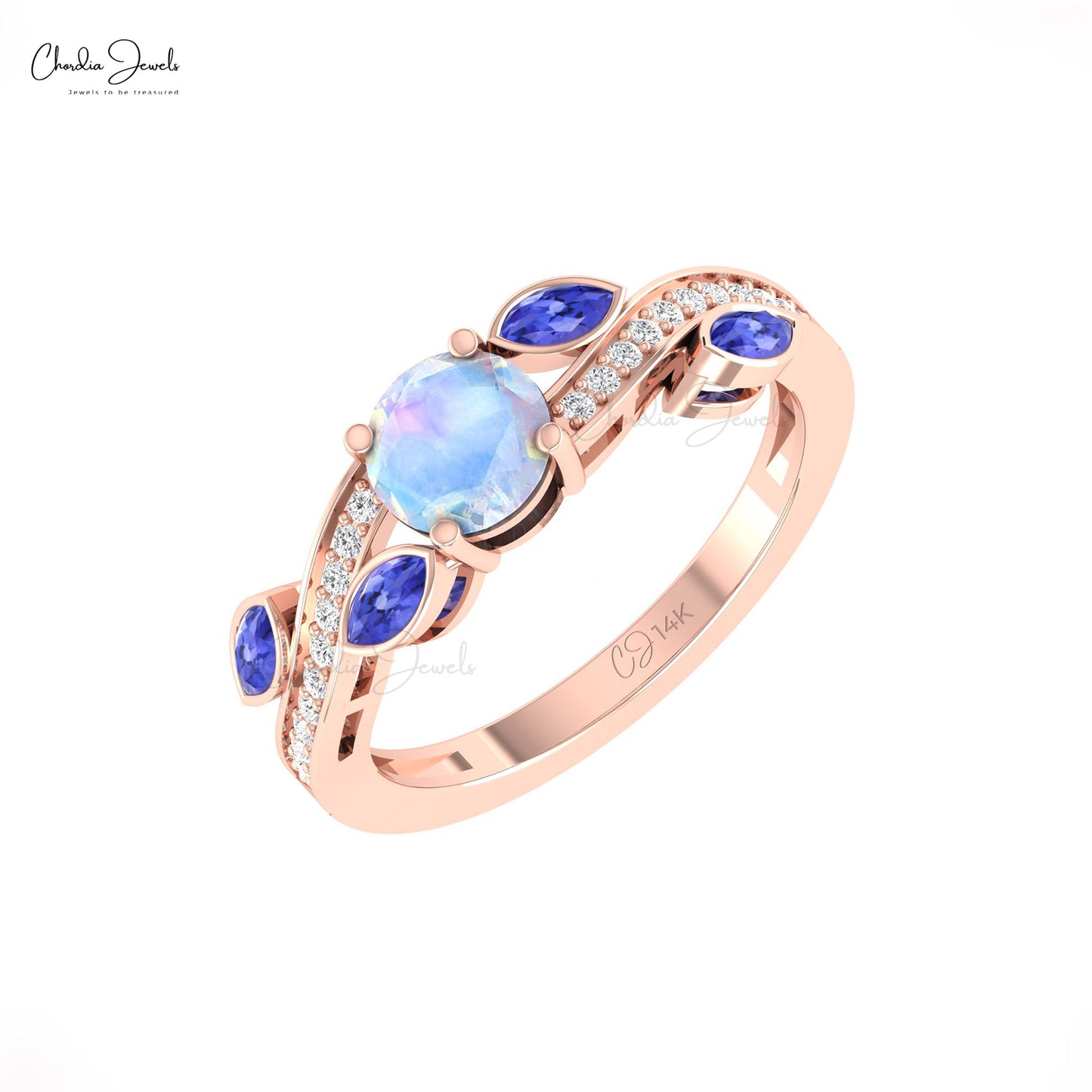 Solid 14k Gold Rainbow Moonstone Floral Ring Natural Tanzanite & Diamond Engagement Ring