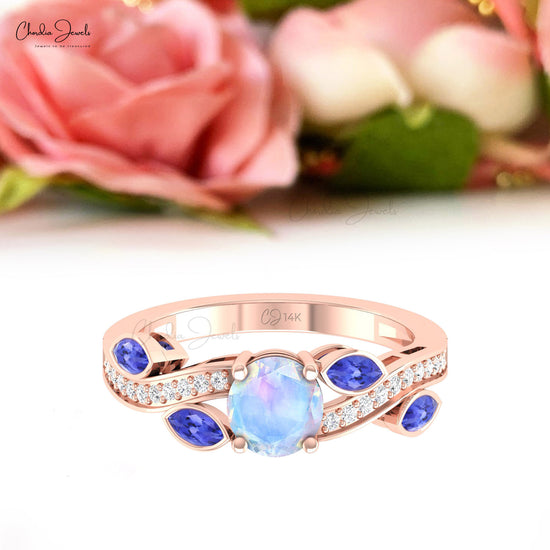 Solid 14k Gold Rainbow Moonstone Floral Ring Natural Tanzanite & Diamond Engagement Ring
