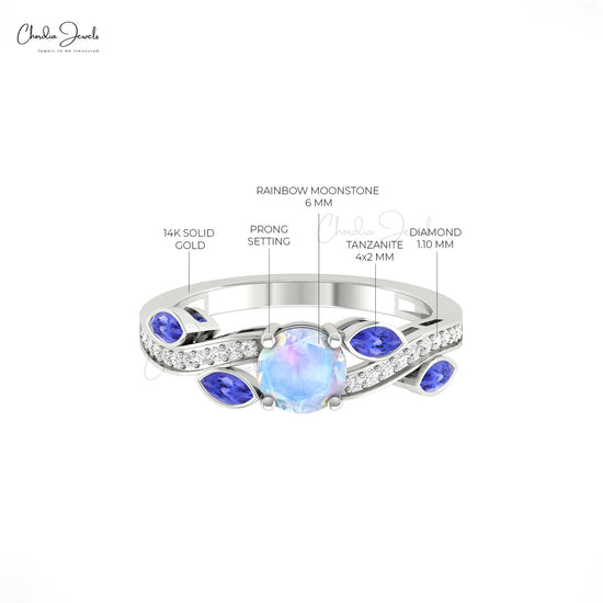 Solid 14k Gold Rainbow Moonstone Floral Ring Natural Tanzanite & Diamond Engagement Ring