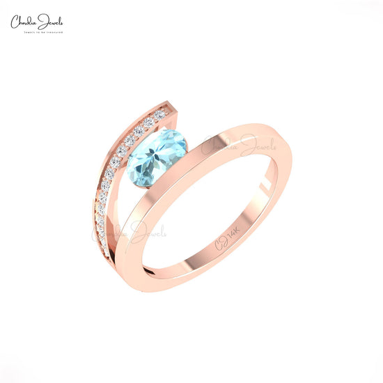Solid 14k Gold Bypass Ring With 7x5mm Aquamarine March Birthstone & Diamond Pave Rings
