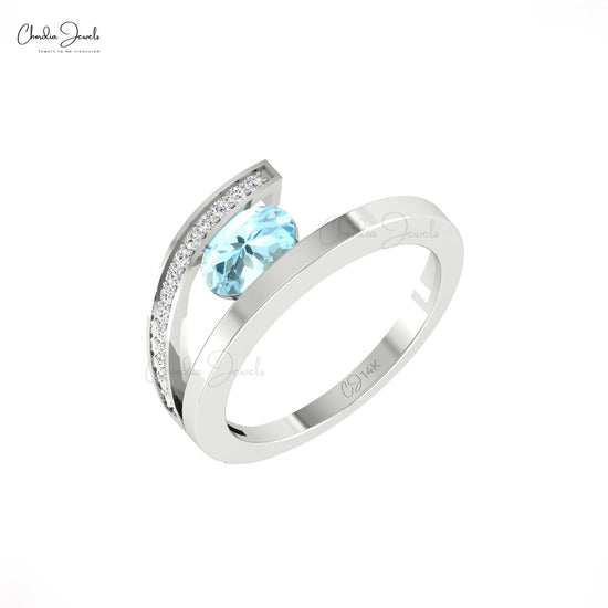 Natural 0.72ct Aquamarine Gemstone Split Shank Ring 14k Real Gold Diamond Accents Bypass Ring