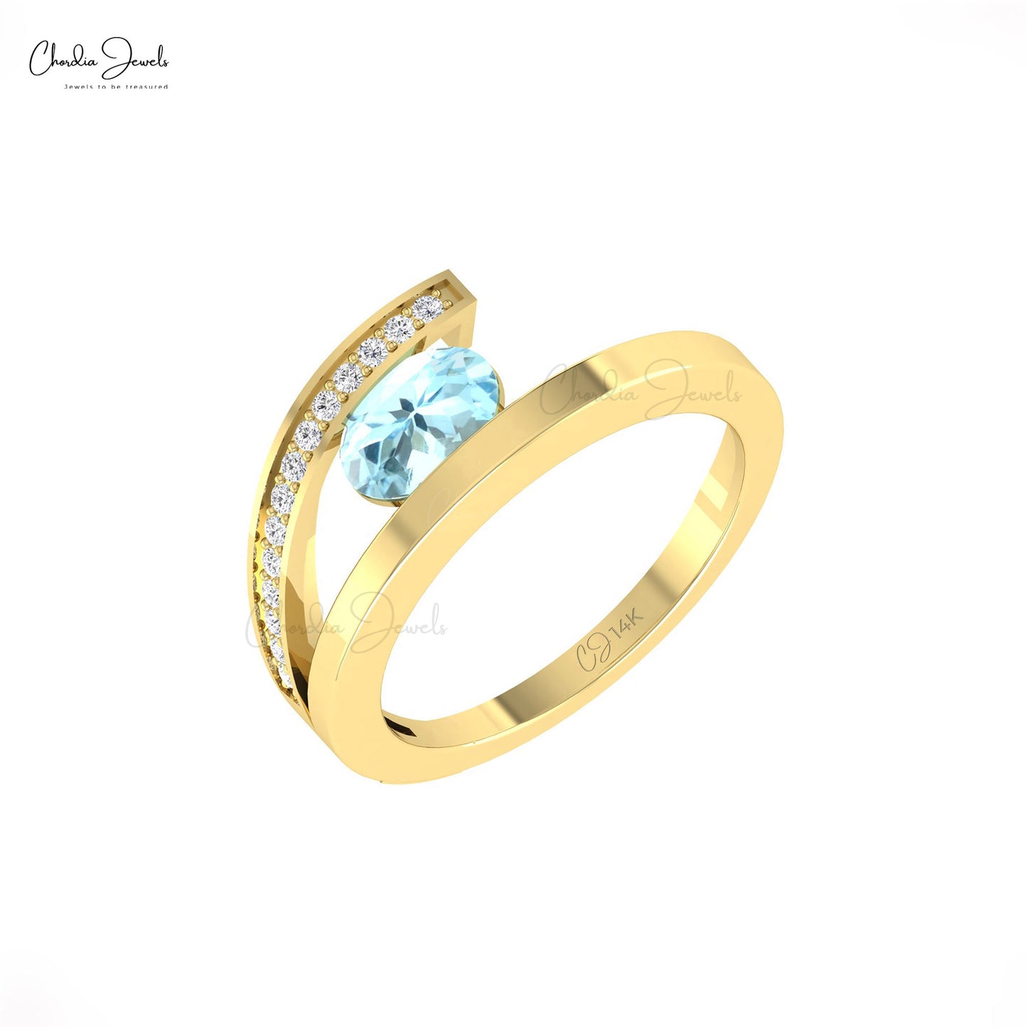 Solid 14k Gold Bypass Ring With 7x5mm Aquamarine March Birthstone & Diamond Pave Rings