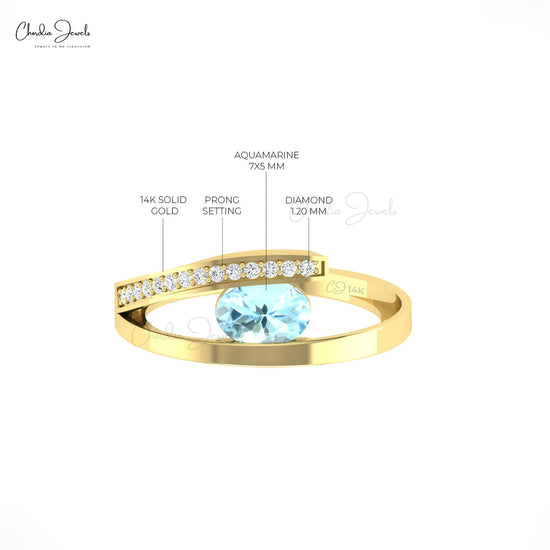 Natural 0.72ct Aquamarine Gemstone Split Shank Ring 14k Real Gold Diamond Accents Bypass Ring