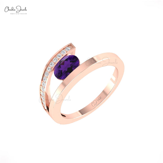 Natural Amethyst Gemstone Bypass Ring 14k Solid Gold 0.72ct February Birthstone Diamond Ring