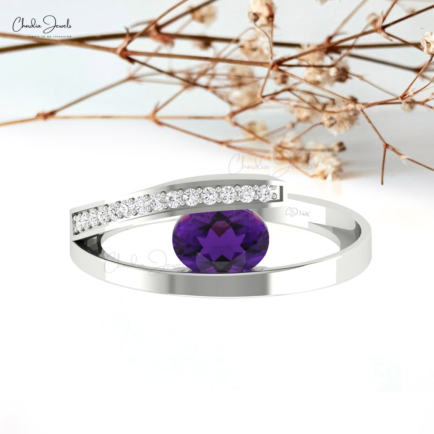 Natural Amethyst Gemstone Bypass Ring 14k Solid Gold 0.72ct February Birthstone Diamond Ring