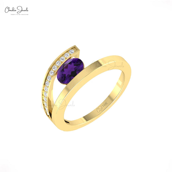 Natural Amethyst Gemstone Bypass Ring 14k Solid Gold 0.72ct February Birthstone Diamond Ring