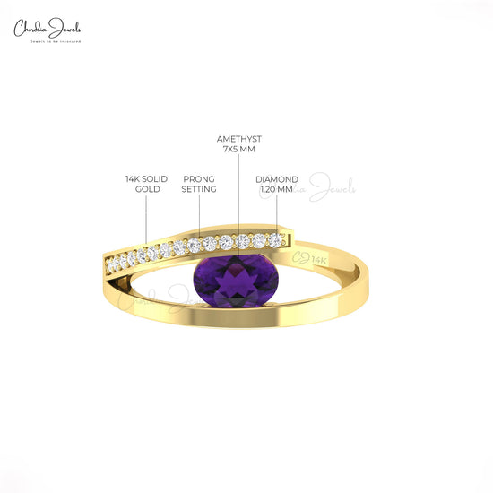 Natural Amethyst Gemstone Bypass Ring 14k Solid Gold 0.72ct February Birthstone Diamond Ring