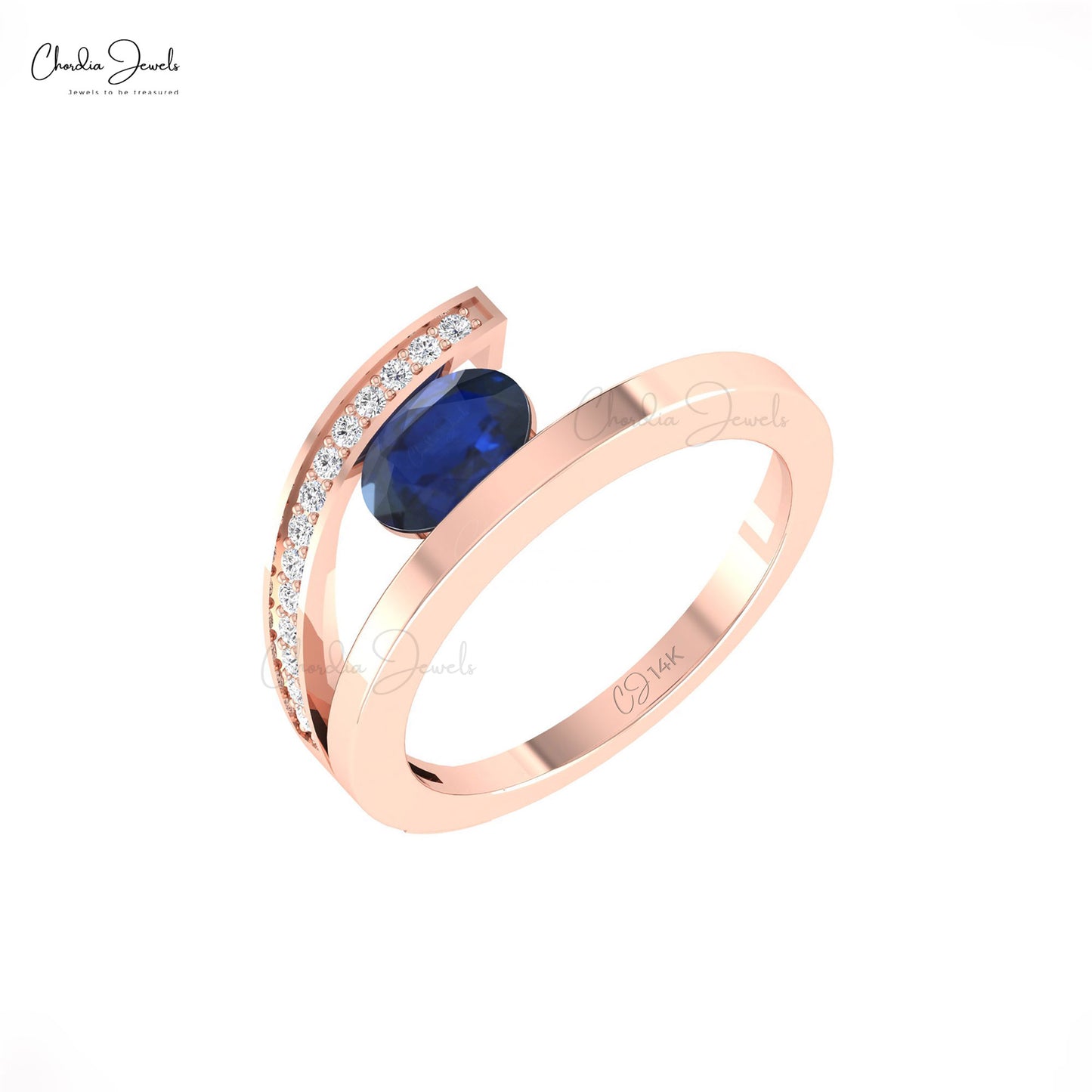 Natural 1.1ct Blue Sapphire Bypass Ring 14k Solid Gold Diamond Accented Unique Ring For Her