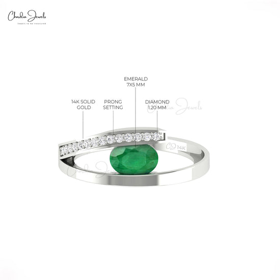 Genuine Emerald Gemstone Bypass Ring 14k Real Gold May Birthstone Diamond Accented Ring