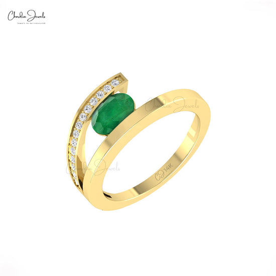 Genuine Emerald Gemstone Bypass Ring 14k Real Gold May Birthstone Diamond Accented Ring