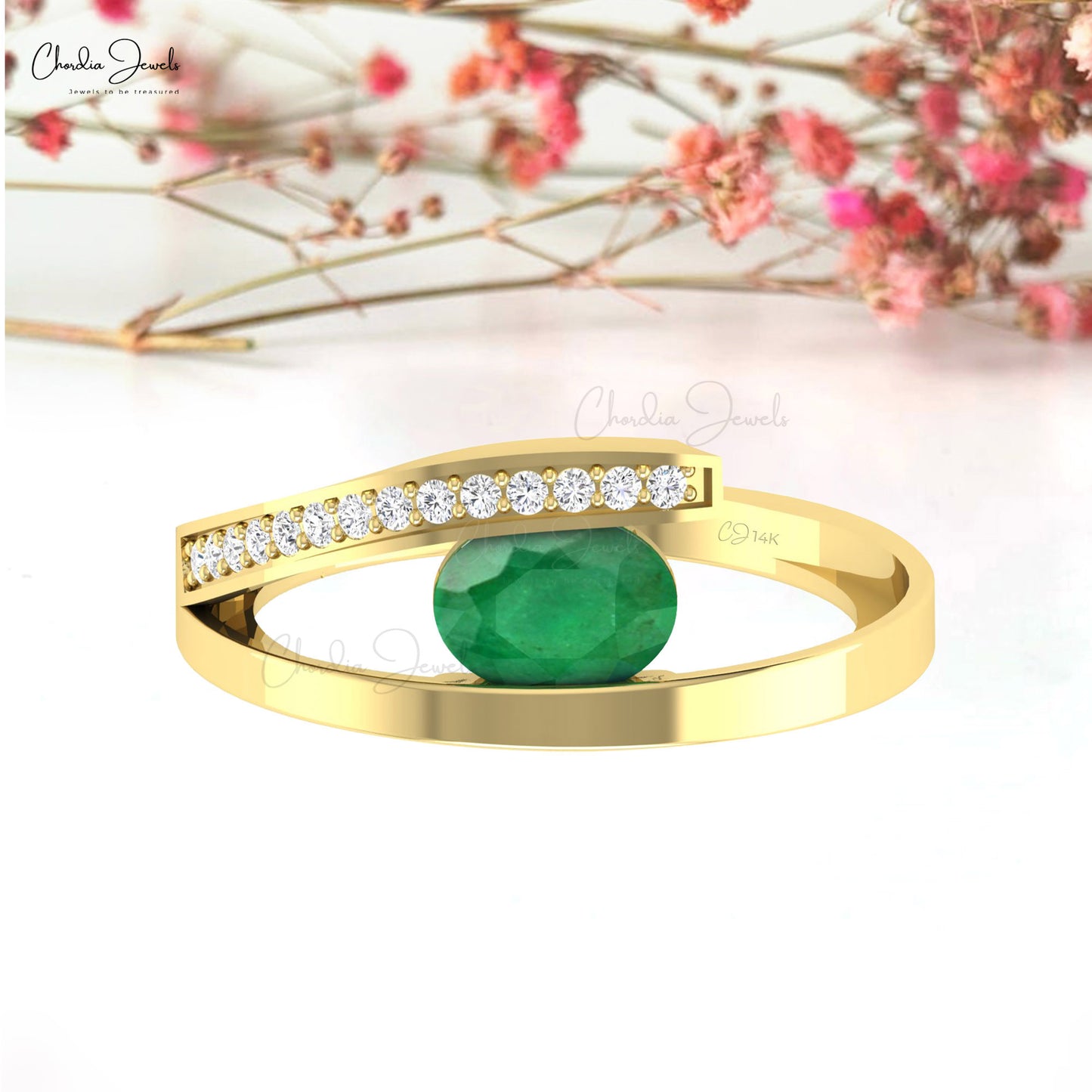 Genuine Emerald Gemstone Bypass Ring 14k Real Gold May Birthstone Diamond Accented Ring