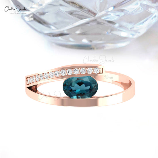 Minimalist London Blue Topaz Bypass Ring 14k Solid Gold Genuine Diamond Anniversary Ring