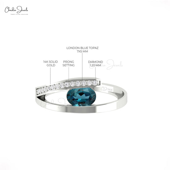 Minimalist London Blue Topaz Bypass Ring 14k Solid Gold Genuine Diamond Anniversary Ring