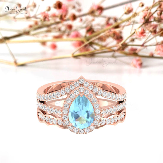 Real 14k Gold Pear Aquamarine Unique Ring Genuine Diamond Halo Split Shanks Ring For Women