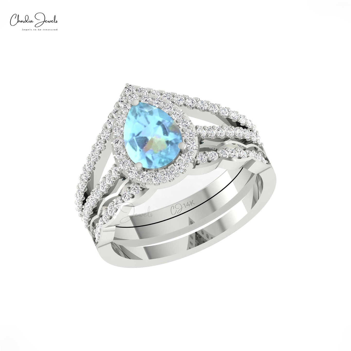 Real 14k Gold Pear Aquamarine Unique Ring Genuine Diamond Halo Split Shanks Ring For Women