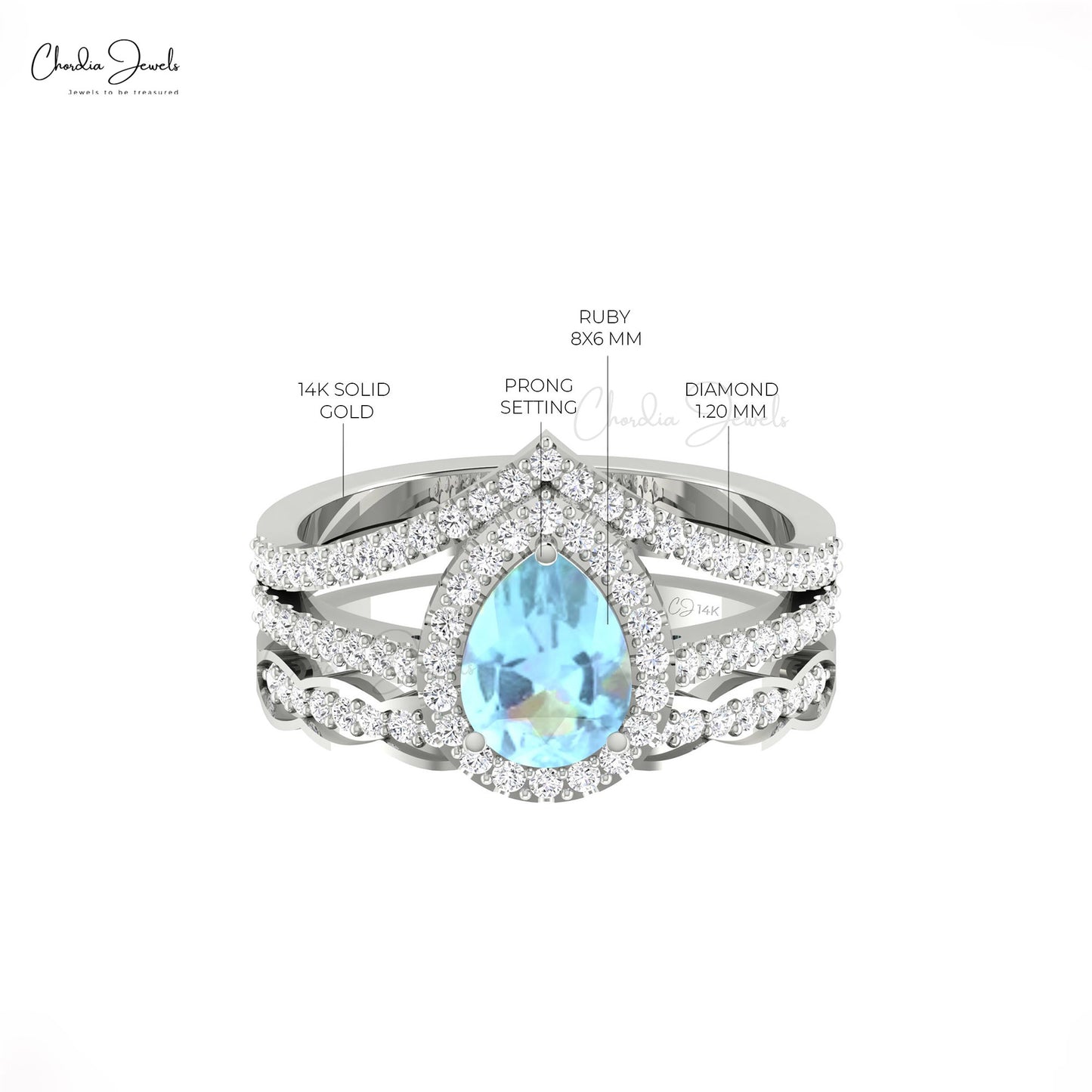 Real 14k Gold Pear Aquamarine Unique Ring Genuine Diamond Halo Split Shanks Ring For Women