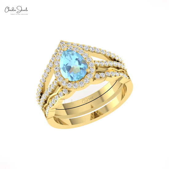 Real 14k Gold Pear Aquamarine Unique Ring Genuine Diamond Halo Split Shanks Ring For Women