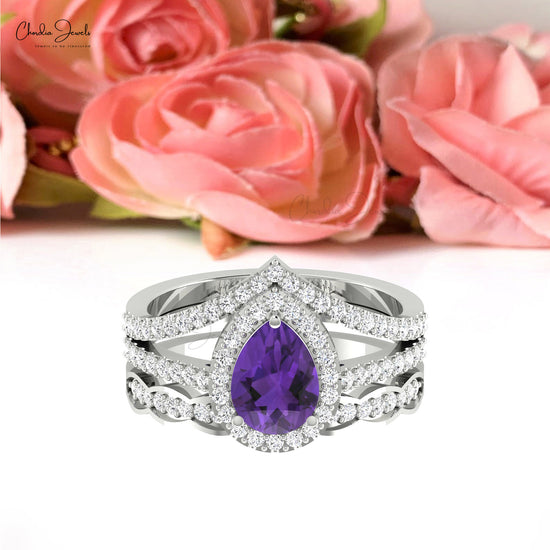 Natural 0.96ct Amethyst Gemstone Multilayer Shank Ring 14k Solid Gold Diamond Halo Ring