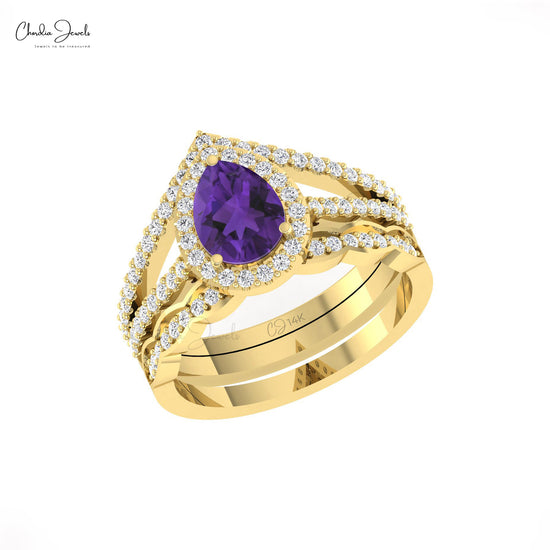 Natural 0.96ct Amethyst Gemstone Multilayer Shank Ring 14k Solid Gold Diamond Halo Ring