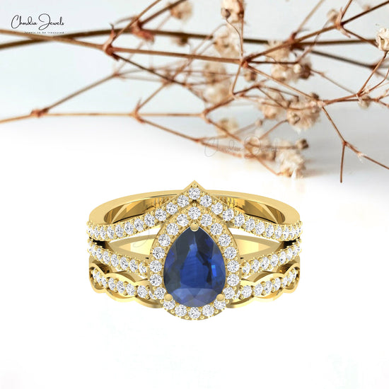 Authentic 1.5ct Blue Sapphire Multi Shank Ring Real 14k Gold Diamond Halo Birthday Ring