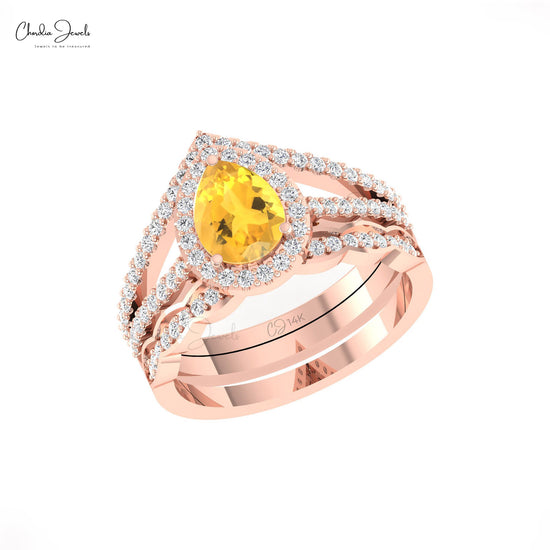 Stunning 14k Solid Gold Handcrafted Ring Genuine Citrine & Diamond Halo Promise Ring For Her