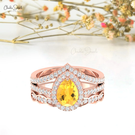 Stunning 14k Solid Gold Handcrafted Ring Genuine Citrine & Diamond Halo Promise Ring For Her