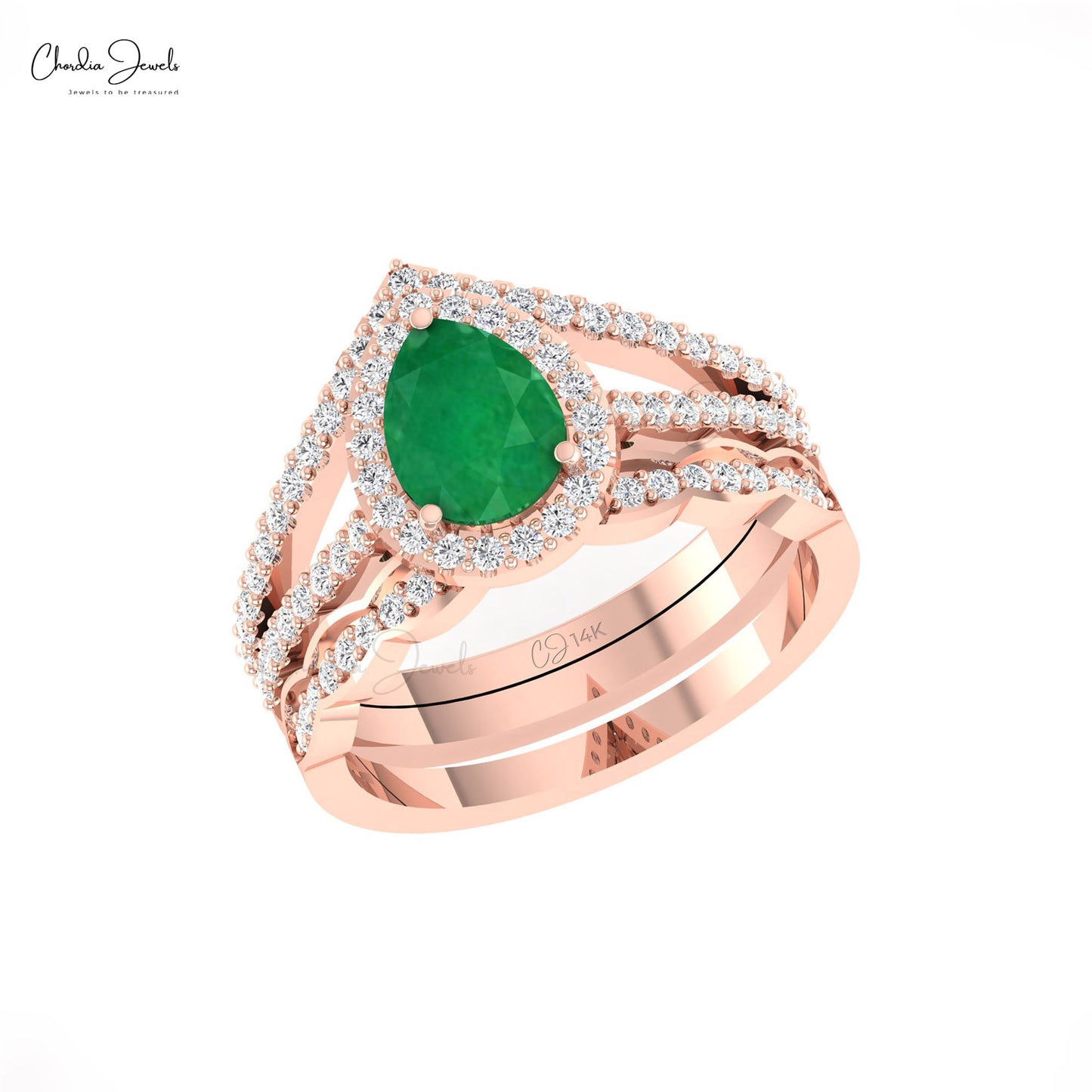 Dazzling 1.5ct Emerald Gemstone Wedding Ring 14k Solid Gold Diamond Halo Multi Shank Ring