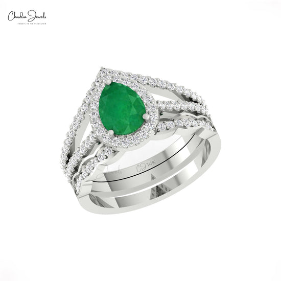 Dazzling 1.5ct Emerald Gemstone Wedding Ring 14k Solid Gold Diamond Halo Multi Shank Ring