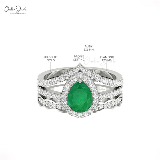 Dazzling 1.5ct Emerald Gemstone Wedding Ring 14k Solid Gold Diamond Halo Multi Shank Ring