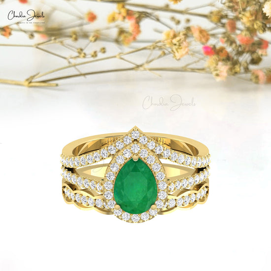 Dazzling 1.5ct Emerald Gemstone Wedding Ring 14k Solid Gold Diamond Halo Multi Shank Ring