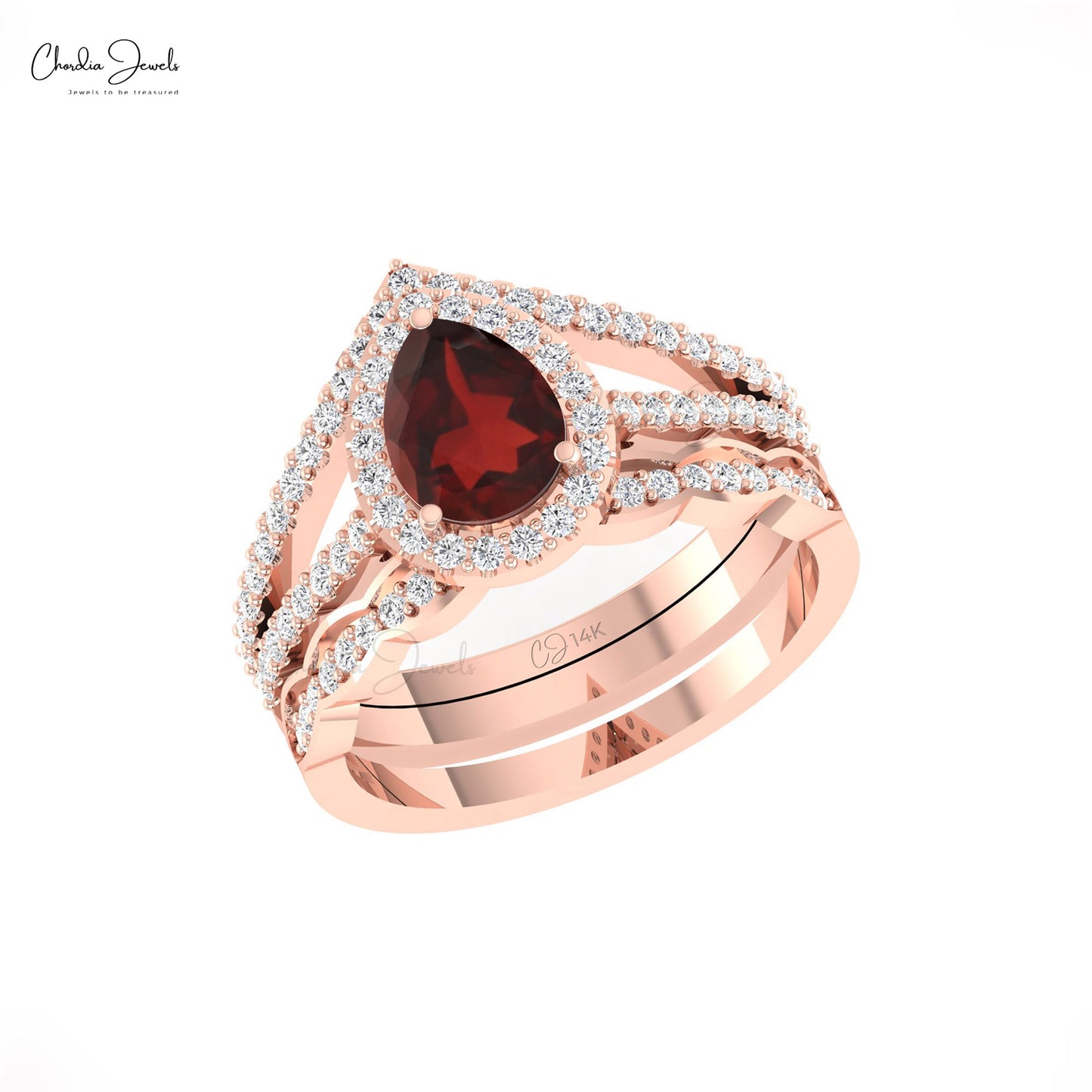 Natural Red Garnet 0.96 Ct Pear Gemstone And Diamond Halo Multilayer Ring in 14k Real Gold