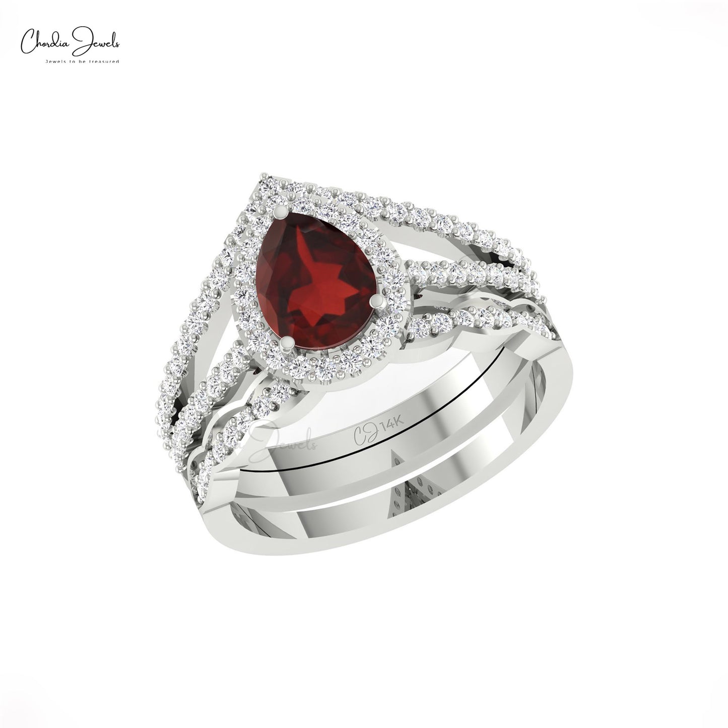 Natural Red Garnet 0.96 Ct Pear Gemstone And Diamond Halo Multilayer Ring in 14k Real Gold