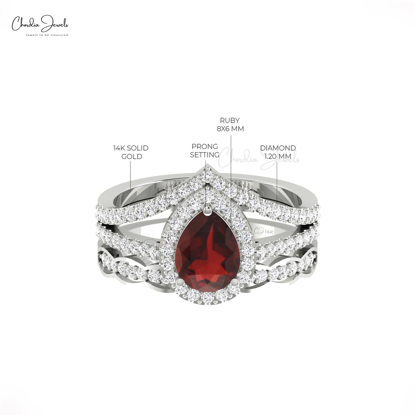 Natural Red Garnet 0.96 Ct Pear Gemstone And Diamond Halo Multilayer Ring in 14k Real Gold